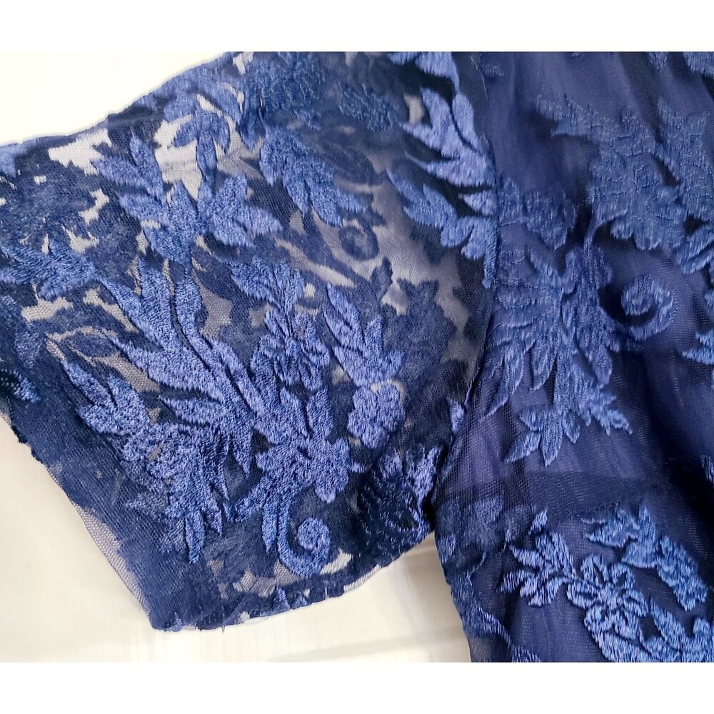 Blue Lace Chiffon Evening Gown Dress Floral V-Neck Sleeves High-Low Hem Size 2XL - Picture 6 of 16